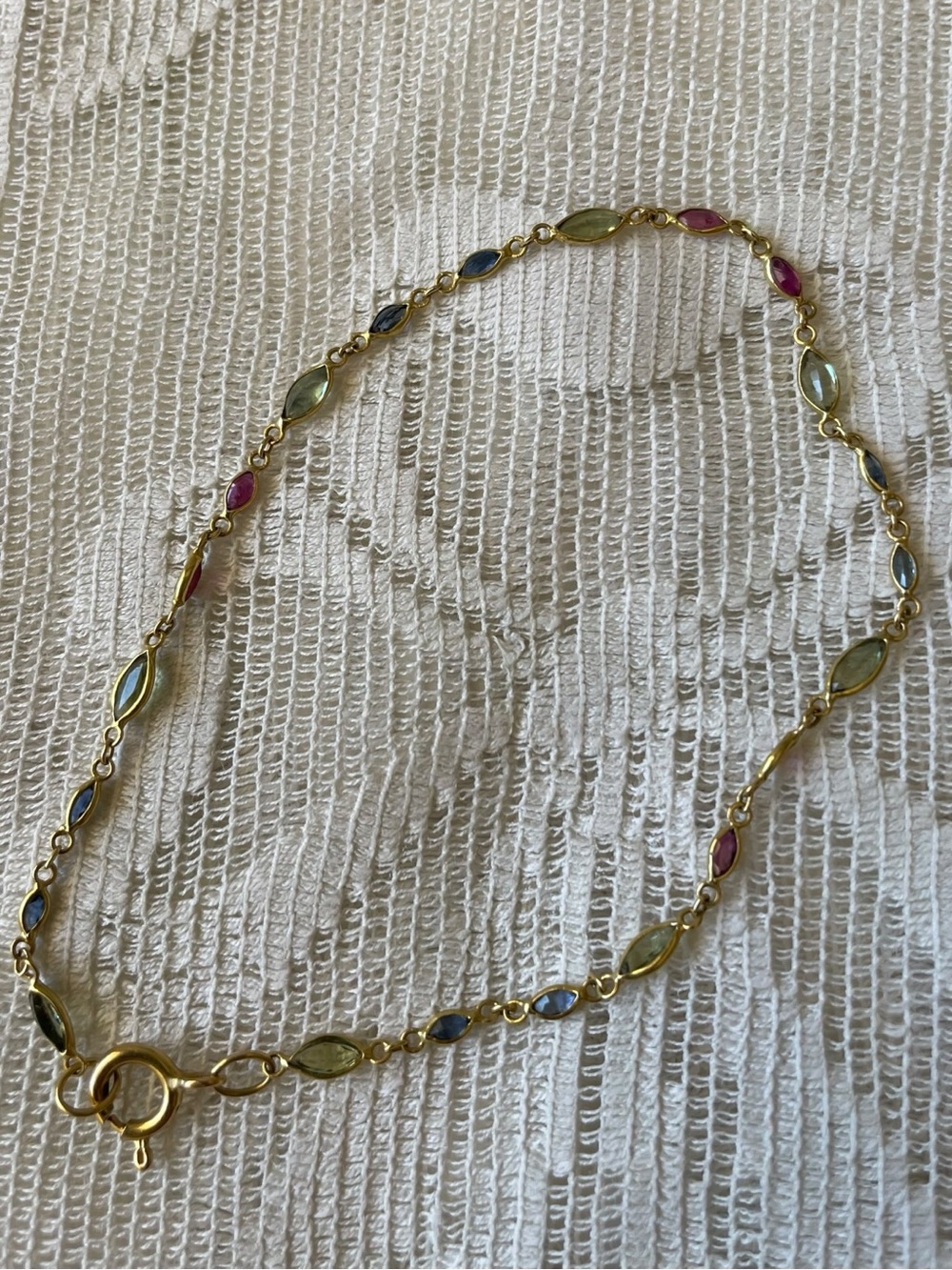 Vintage 14K Gold Marquise Multi-Color Gemstone Station Bracelet 7.5"